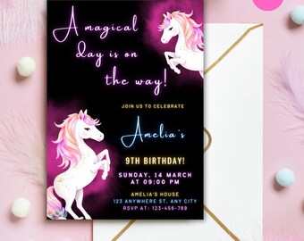 May include: A black birthday invitation card featuring two white unicorns with pink and yellow manes. The text reads: A magical day is on the way! Join us to celebrate Amelia's 9th birthday, Sunday, 14 March at 09:00 PM, Amelia's house, 123 anywhere st, any city, RSVP at: 123-456-789.