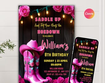 Pink Cowgirl Birthday Invitation: Western Floral Boots (5x7 Canva Template, Digital Download
