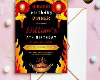 Invitación a una cena de cumpleaños con temática hibachi, temática asiática (descarga instantánea)