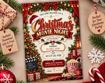 Christmas Movie Night Invitation, Family Christmas Movie Night Invite, Outdoor Movie Night Party Invite, Canva Editable (Digital Download)