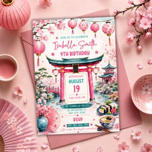 May include: A birthday invitation card featuring a red torii gate, pink cherry blossoms, hanging lanterns, and a pagoda. The text reads: Join us to celebrate Isabella Smith 9th Birthday, Wednesday August 19, 7:00-9:00 PM, at Isabella House, 123 Anywhere St, Any City 12345, RSVP at 123-456-789.