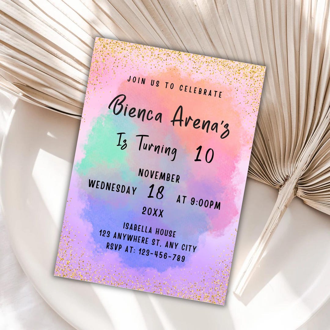 Rainbow Birthday Invitation, Colorful Watercolor Gold Glitter Sprinkles ...