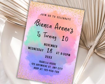 Rainbow Birthday Invitation, Colorful Watercolor Gold Glitter Sprinkles, Sparkle Pastel Invitation, Digital E-Invite Editable