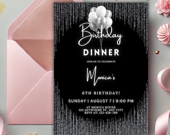 Silver Birthday Invitation, Adult Birthday Dinner Invitation, Silver & Black Balloons Birthday Invite, Black and White Party Invite Template