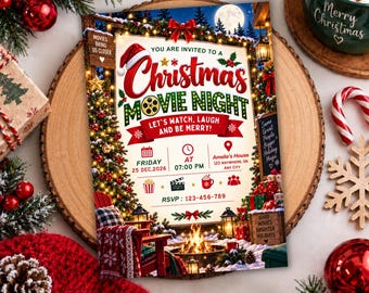 Christmas Movie Night Invitation, Family Christmas Movie Night Invite, Outdoor Movie Night Party Invite, Canva Editable (Digital Download)