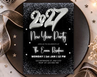 2027 New Year's Eve Party Invitation, Silver Holiday Party Invite, Champagne NYE Celebration, Luxury 2027 Party Invite, Editable Template