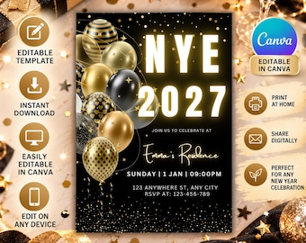 NYE 2027 Party Invitation, Black and Gold Balloons Invite, Champagne NYE Celebration, Luxury 2027 Party Invite, Editable Template