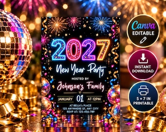 New Year Party Invitation 2027, Neon New Years Eve Party Invitation, Neon Fireworks Holiday Invite, Editable Canva Template