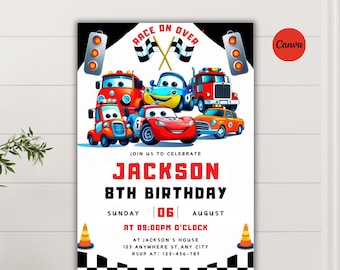 Invitación de cumpleaños de Rayo McQueen, plantilla editable de Canva (descarga digital)