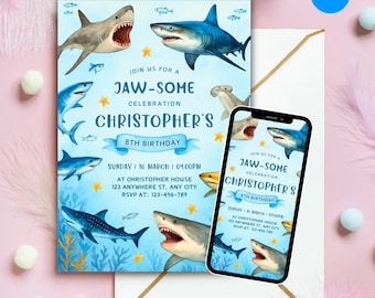Editable Shark Birthday Invitation, Ocean Theme Invite (Digital Template)