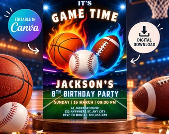 Editable Sports Birthday Invitation, Sports Party Invitation, Sport Theme Invite, All Star Sports Invitation, Instant Download