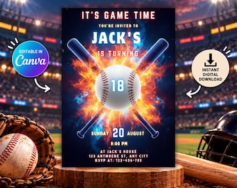 Neon Baseball Birthday Invitation, Baseball Birthday Party, Game Time Party Invite, Any Age Editable Digital Template, Instant Download