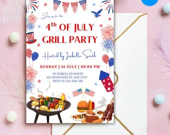 4. Juli Grilleinladung, Party in den USA einladen, Unabhängigkeitstag Grill einladen, Juli vierter Grill und Feuerwerk, bearbeitbare Leinwand