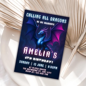 Invitación de cumpleaños de dragón de fantasía, invitación para fiesta de cumpleaños de dragón, fiesta de cumpleaños de criaturas mágicas, plantilla editable de Canva