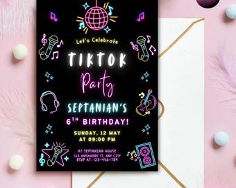 Zaproszenie urodzinowe TikTok, edytowalne zaproszenie na imprezę muzyczną (natychmiastowe pobranie)