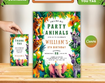 Invitación de cumpleaños con temática de animales de fiesta, fiesta de cumpleaños con animales de safari, ¡Llamando a todos los animales de fiesta!, invitación al zoológico, descarga instantánea editable.