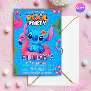 Stich Pool Party Geburtstagseinladung, bearbeitbare Stitch Einladung, Hawaii Party einladen, Tropisch Geburtstagseinladung, Sofort Download
