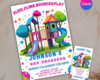 Playground Birthday Party Invitation: Jungle Gym, Bounce House (5x7 Canva Template, Digital Download