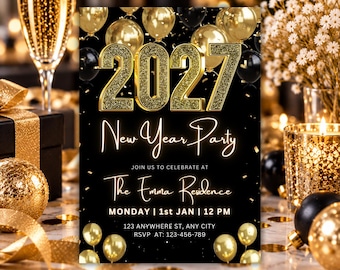 New Year Party Invitation 2027, Black and Gold Balloons Invite, Champagne NYE Celebration, Luxury 2027 Party Invite, Editable Template