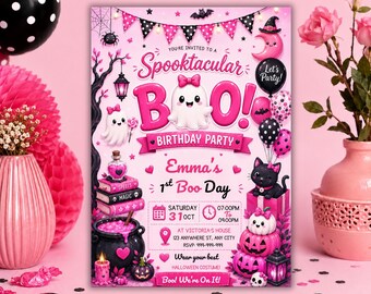 Boo Spooktacular Party Invitation, Pink Ghost Boo Party Invitation, Girl Halloween Birthday Party Invitation, Editable Canva Template