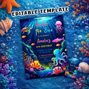 Invitación de cumpleaños de neón bajo el mar: Plantilla de Canva con animales del océano (descarga digital de 5x7)