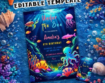 Under the Sea Neon Birthday Invitation: Ocean Animals Canva Template (5x7 Digital Download)