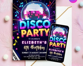 May include: A vibrant invitation for a disco party, featuring a disco ball illustration and the text "DISCO PARTY" in bright colors. The invitation is for Elizabeth's 6th birthday, with event details included.