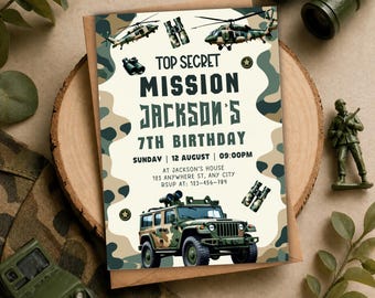 Military Army Birthday Invitation | Top Secret Mission Party Invite | Editable Canva Template