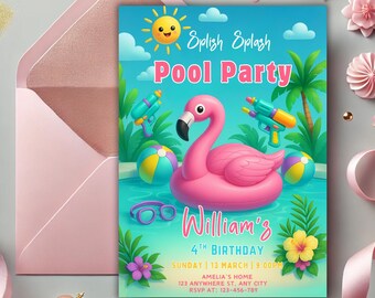 May include: A vibrant pool party invitation featuring a pink flamingo float, water guns, and beach balls. The invitation includes the text "Splish Splash Pool Party" and details for a 4th birthday celebration.