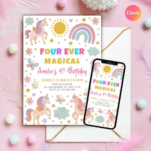 Faire-part d&#39;anniversaire licorne, quatre jamais magiques, invitation anniversaire licorne pastel, invitation licorne arc-en-ciel, invitation modifiable