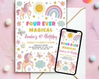 Four Ever Magical Unicorn Birthday Invitation: Editable Canva Template (5x7 Inches Digital Download