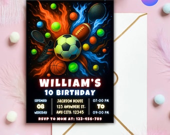 Editable Neon Sports Birthday Invitation (Digital Download)