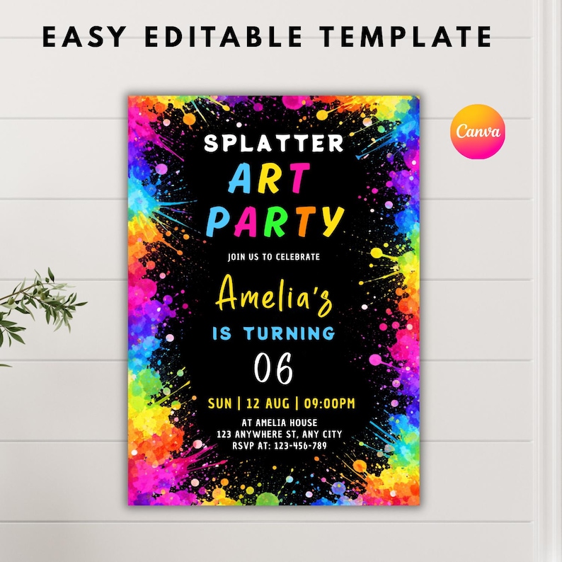 Editable Splatter Art Party Invitation, Colorful Birthday Invite (canva ...