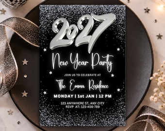 2027 New Year's Eve Party Invitation, Silver Holiday Party Invite, Champagne NYE Celebration, Luxury 2027 Party Invite, Editable Template