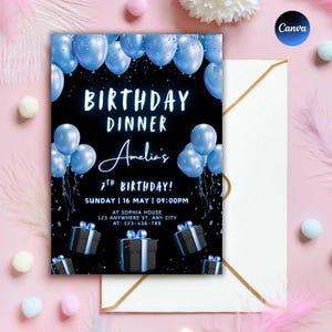 Blue Birthday Dinner Invitation, Blue Formal Affair Party, Editable Birthday Dinner Party, Balloons Party Invite, Instant Download