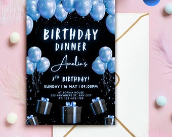 Blue Balloon Birthday Dinner Invitation, Formal Party (Editable Canva Template)