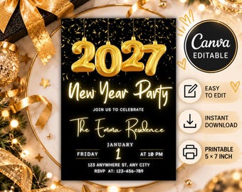 New Year Party Invitation 2027, New Year’s Eve Dinner Party, Cheers to 2027 Invite, Editable Canva Template, Instant Digital Download