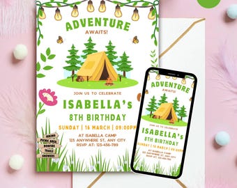 Sjabloon campingverjaardagsuitnodiging, avonturenfeest (digitale download)