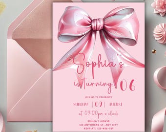 Pink Bow Girl Birthday Invitation, Coquette Ribbon, Editable (Digital Download)