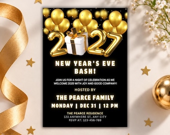 New Year Party Invitation 2027, Gold Balloons Party Invite, Champagne NYE Celebration, Luxury 2027 Party Invite, Editable Template