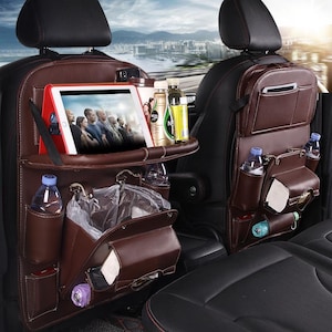 PU Leather Car Seat Organizer with Tray: Travel Backseat Storage