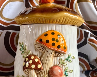 Vintage original 1970er Jahre Merry Mushroom großer Topf Kanister Sears Roebuck 1978 MCM Mid Century Modern Fliegenpilz Dekor Haus Japan