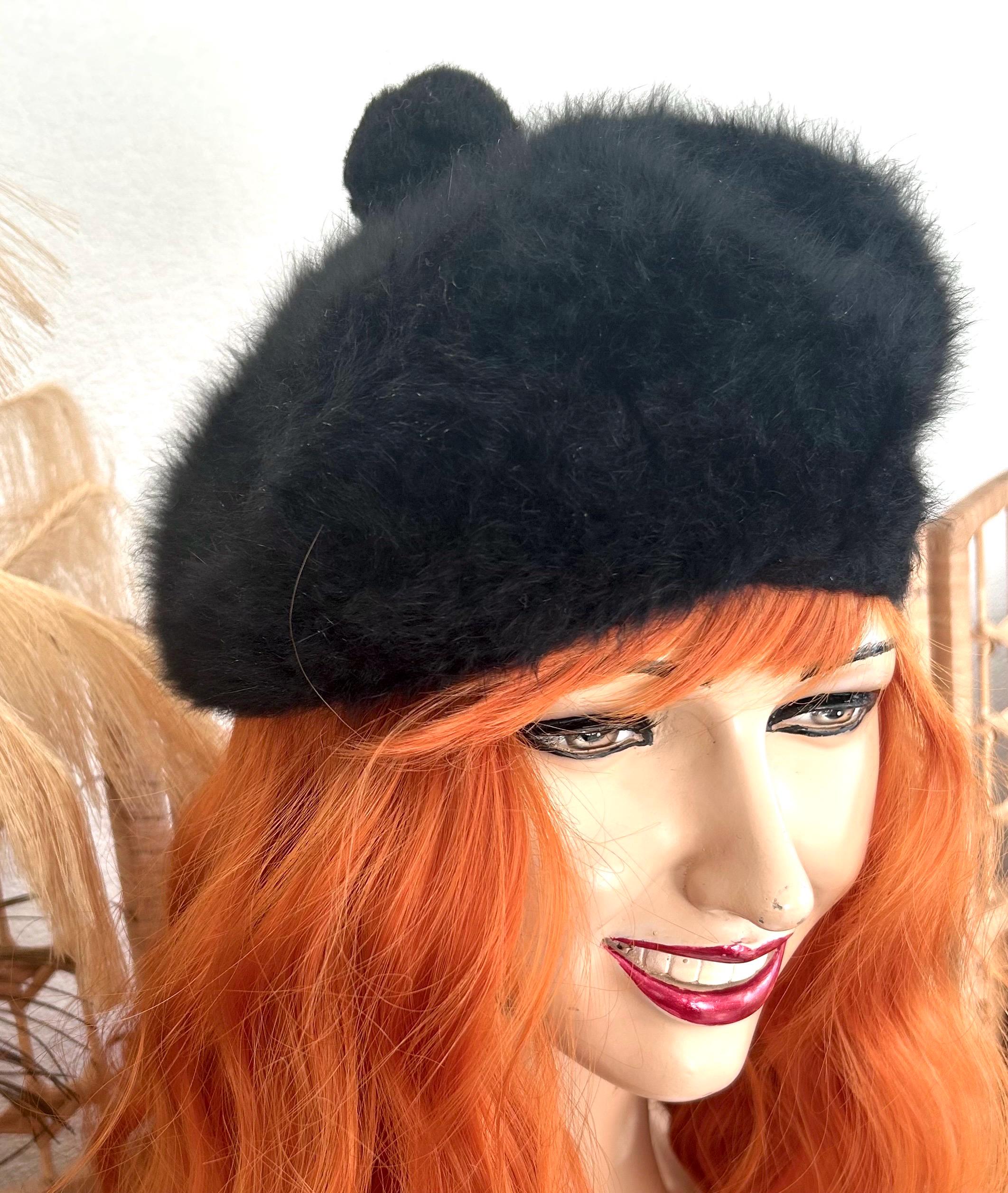 Kangol Black Furry Angora Beret Bow Detail Made in England  display picture 1