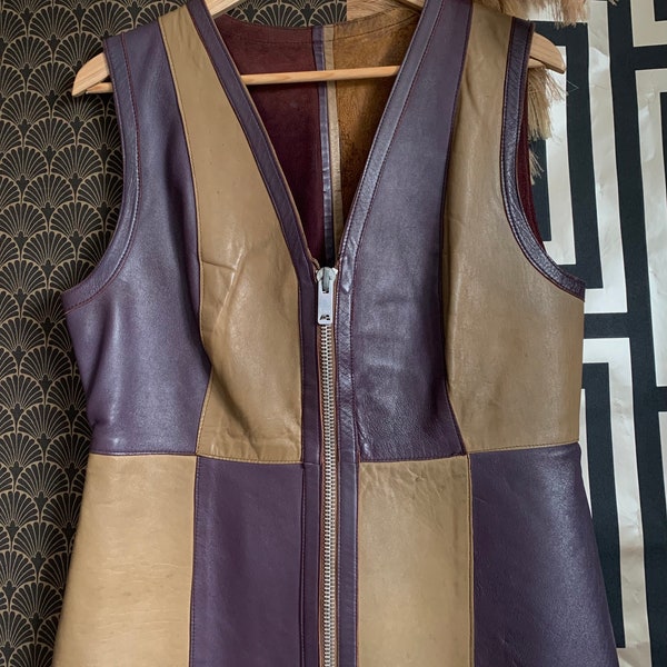 Vintage original 1960s 1970s genuine leather patchwork waistcoat vest fitted boho purple tan brown dress real