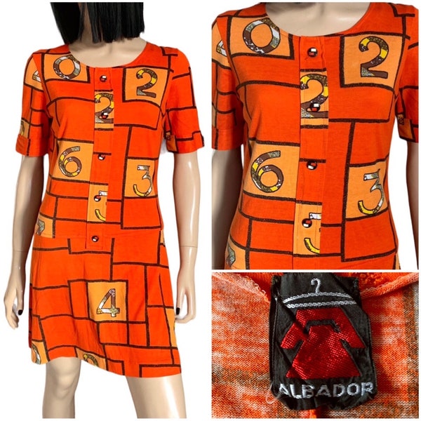 Vintage original 1960s mini dress orange bold novelty pattern T shirt dress Mod early 70s numbers glam rock era