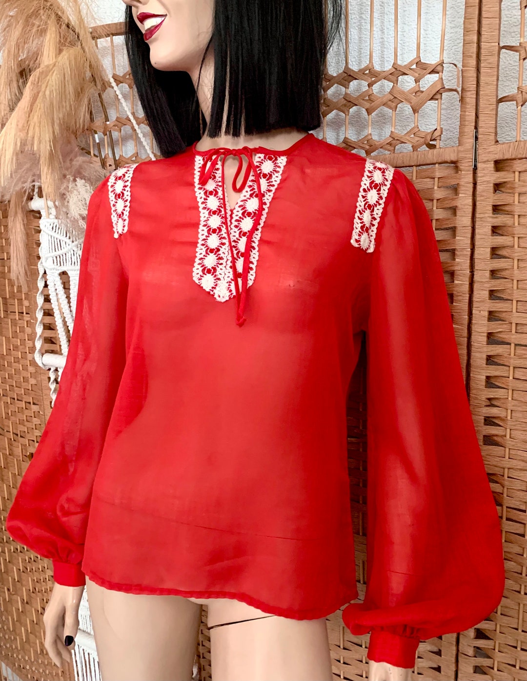 Vintage Original 1970s Gauze Sheer Red Top Blouse Crochet Etsy
