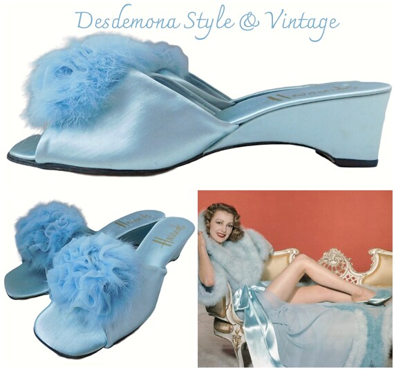 Rare original Vintage HARRODS blue satin & marabou