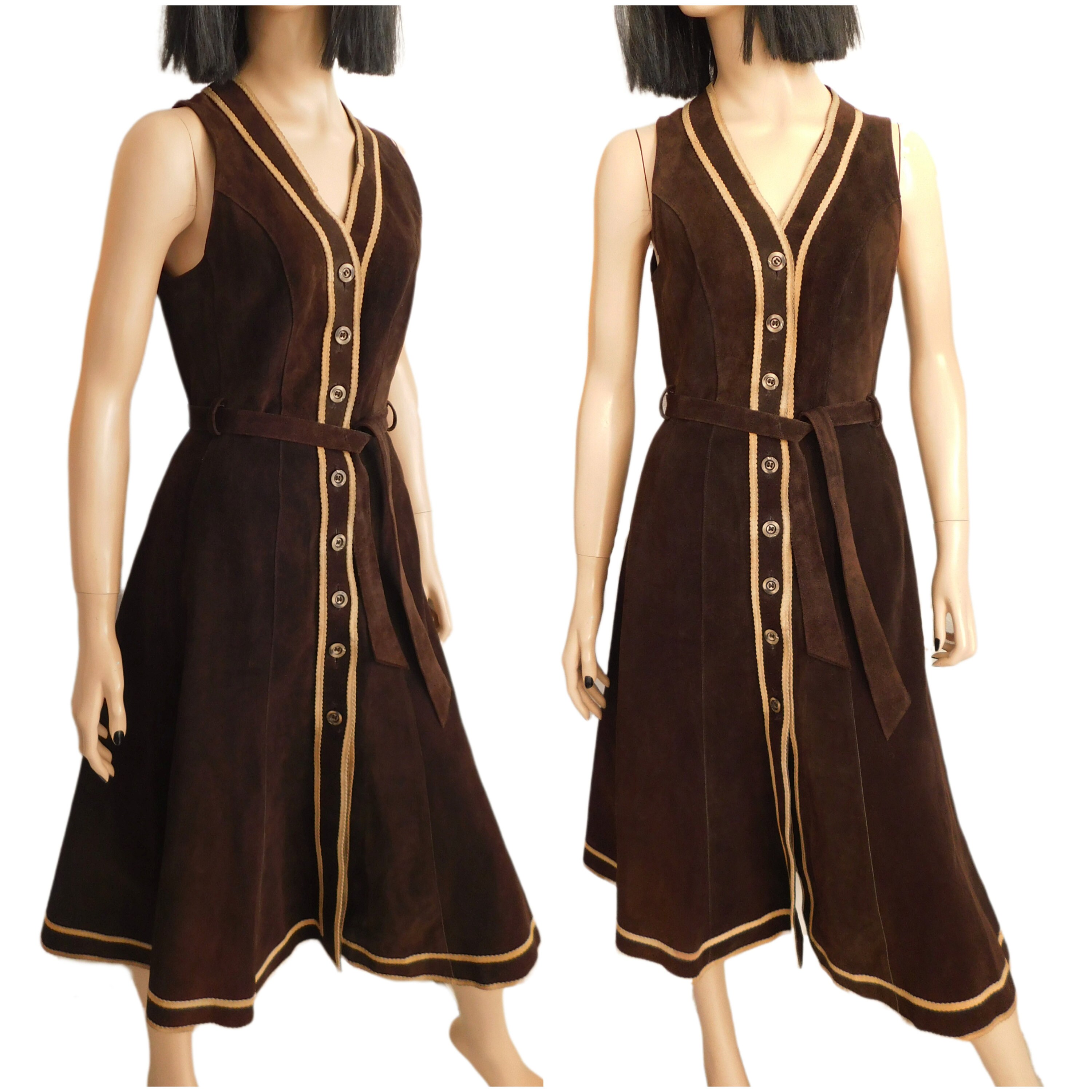 Image of Vintage Original S Midi Dress Genuine Suede Brown Belted Button Up Real Leather Fit & Flare Belt Autumn Winter