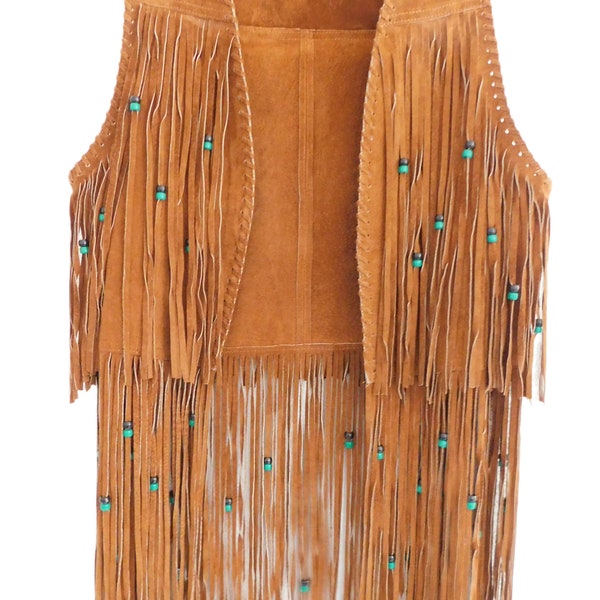 Vintage tan brown real Suede FRINGE tassel vest waistcoat with beads Boho Gypsy festival leather hippie 1970s 1960s beaded gogo dancer