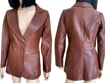 VINTAGE original 1970s genuine LEATHER jacket brown large collar lapels fitted seventies boho rocker glam rock